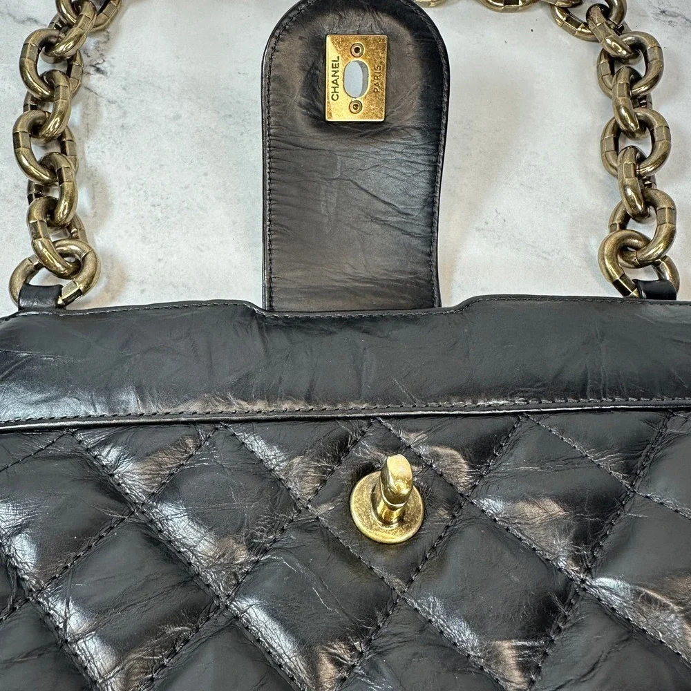 Chanel Frame Shoulder Bag CC Distressed Quilted Leather Black/Gold Thick Chain
